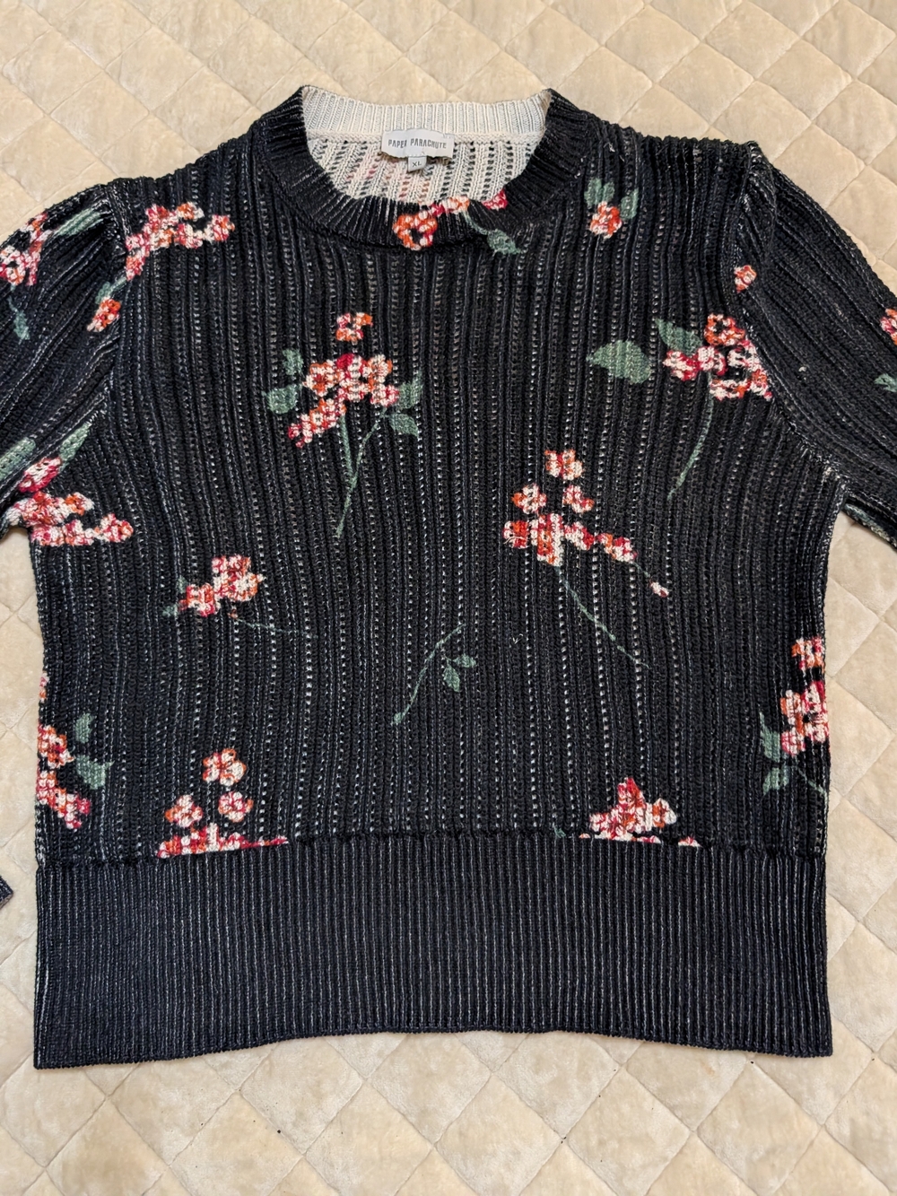 Three Dots Black Floral Ribbed Crewneck Sweater